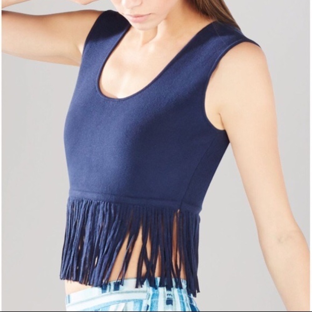 BCBGMaxAzria • Jaleigh fringe crop top sweater knit tank Dark Ink navy blue